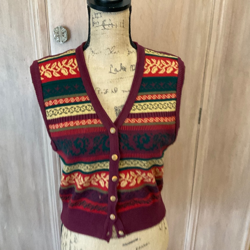 VTG Liz Claiborne red fair isle sweater vest cotton knit 1996